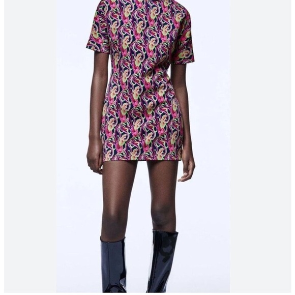 Zara Retro Printed High Collared Mini Dress size M Bloggers Favorite 8944/655 - Picture 1 of 10